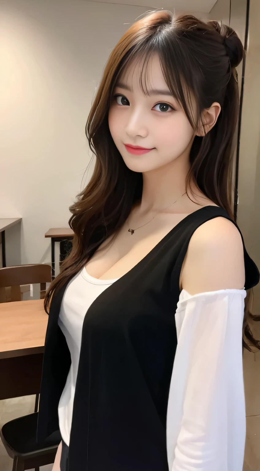 table top, highest quality, shape, Super detailed, finely, High resolution, 8k wallpaper, 完璧なダイナミックな構shape, beautiful and detailed eyes, Down jacket,bun hair,small breasts natural color lip, bold sexy pose,smile、20 year old girl、cute、sexy shot looking at camera,RAW photo