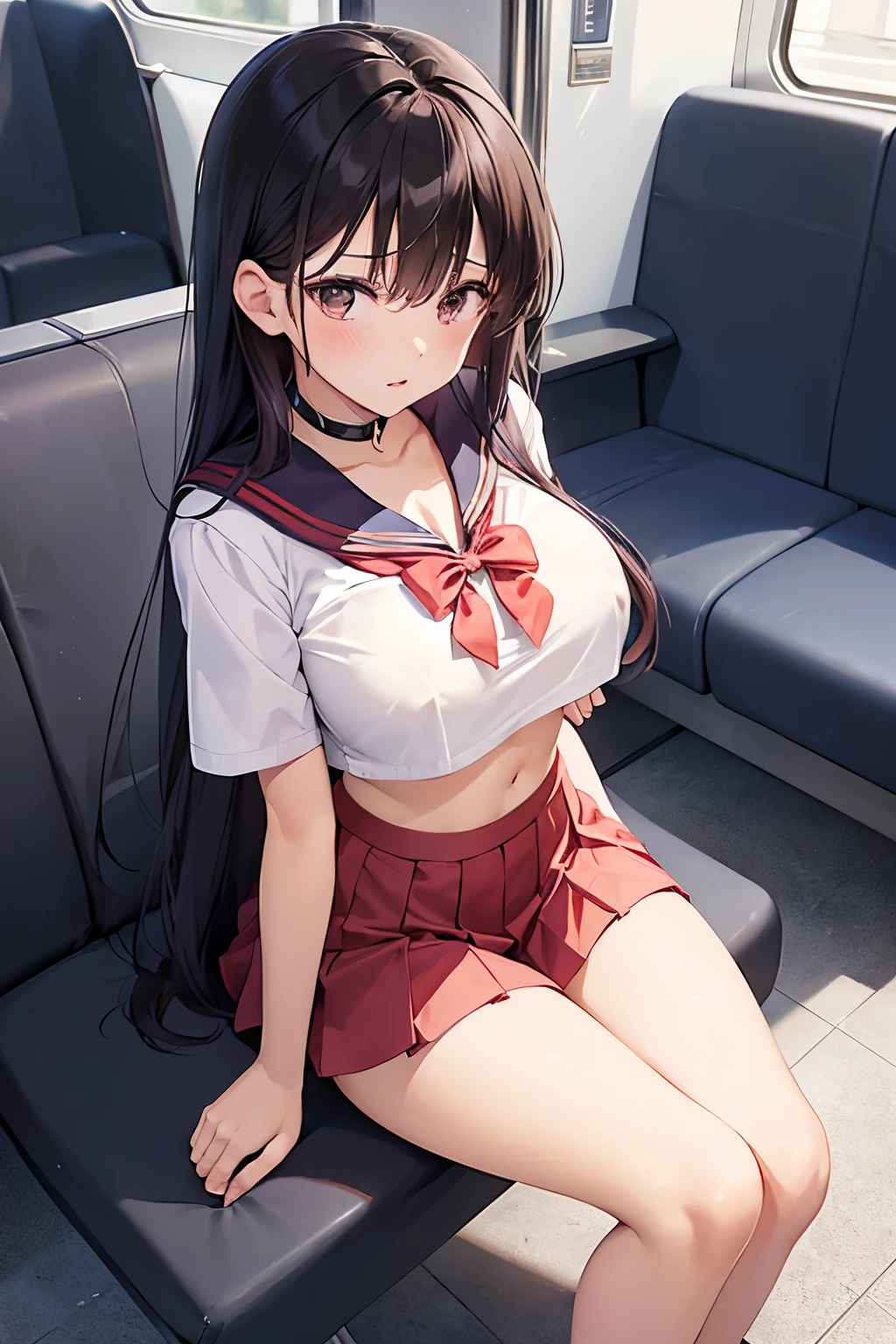 Multiple schoolgirls、Highest image quality、Sailor Mars、beautiful feet、((slender))、miniskirt、train、trainの4人掛けボックスシートに座っている、((Composition seen from the side))、((Composition seen from directly above))、((big breasts))、((The nipple protrusions push up the uniform))、cropped tops、You can see her cleavage while wearing the uniform、short sleeve、barefoot、((Wearing mules))、thin legs、((Sit with your legs thrown out in front of you without bending your knees))、Eyes are not looking at me、