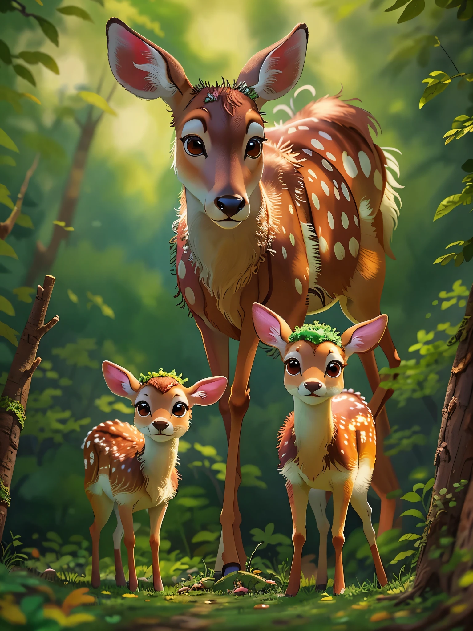 Mother deer and cute  deer，in the forest，very cute, big eyes, sunny，Very happy， (masterpiece: 1.2) (actual: 1.2) (Bokeh) (best quality) (intricate details) (8k) (exquisite eyes) (sharp focus), (happy)