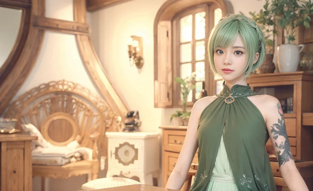 ((alone)), (solo) , mature , 40years old , giving smile to the camera , sexy , anime - style image of a mature in a green dress standing in a room, beautiful screenshot, stylized anime, atelier, smooth anime cg art, anime styled 3d, close up character, render of a cute 3d anime girl, final fantasy 14 style, style game, fashion gameplay screenshot, anime stylized, main character short hair , laughter , short hair , beautiful bangs , Shining white skin, Flow of hair that extends to the face , bangs between eyeliner hair , High resolution , beauty eyes, Bright and clear, Big light blue eyes shine charmingly , green one piece , eyeliner,(Ultra Real), (figure), (High resolution), (In 8K), (very detailed), (Best figure), (Beautiful quality with attention to detail), (super detailed), (table top), (wallpaper), (detailed face), drooling eyes , upper body up,