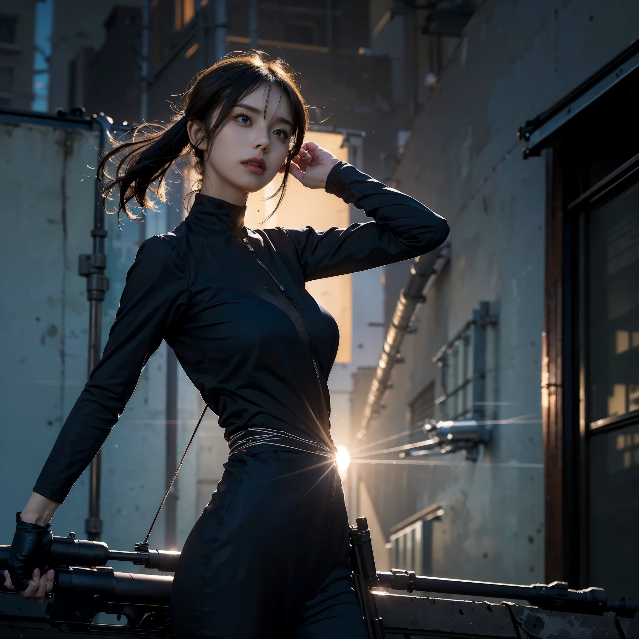 (masterpiece:1.2,best quality,ultra detailed,powerful backlight:1.3,silhouette:1.45),, , //character, 1 solo Female  mercenary,Ghost in the Shell kusanagi motoko,One eye glowing red:1.2,Facial expression Murderous look,Looking down on the city.black silky line small size see-through string tight outfit:1.2, hand holding an huge anti-tank rifle (Winchester Williams .50),Standing Pose,(looking up angle:1.35), , //back ground, in Rooftop of a building at night back ground:1.2,,8k,unrealengine5.unity.octanerender