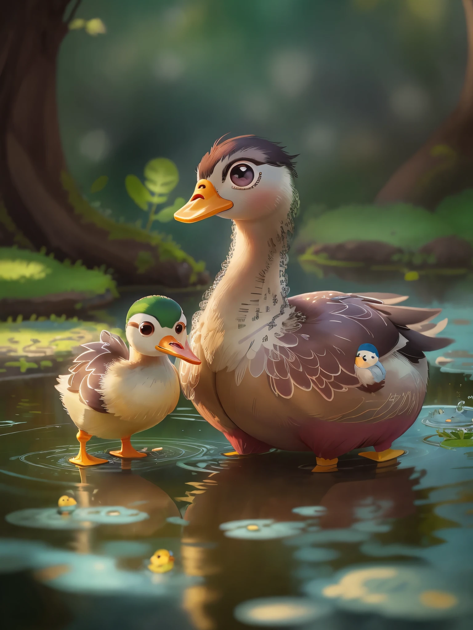 Mother duck and cute little duck,In the pond,very cute, big eyes, sunny,Very happy, (masterpiece: 1.2) (actual: 1.2) (Bokeh) (best quality) (intricate details) (8k) (exquisite eyes) (sharp focus), (happy)