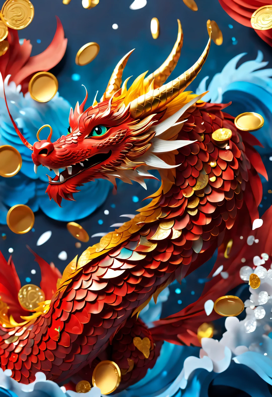 现代艺术and赛博朋克风格, Red wallpaper design, 3d rendering, realistic fur, hairy, beautiful wallpaper, Red, Yellow, blue, white, Black, Kaneko, coloRed paper scraps,
(A super slim and mischievous Red orange zodiac dragon is floating out of the waves and soaring into the sky), throwing Kaneko coins, (many, many colorful paper scraps), (whole body), Clear dragon scales resemble hearts, it looks into the viewer&#39;s beautiful eyes, long eyelashes, (throwing hands into the air and a dance motion: 1.0), (and "AI" It says: 1.37), whole body, Throwing action, laughing expressions, many Kaneko coins scatteRed in the air, background: Huge waves rolling in space, laughing expression,
仰角and自下而上的角度, Beijing, China, 🦑  design,