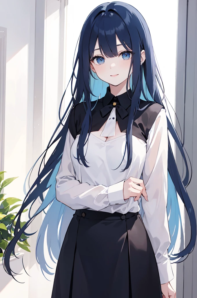 (masterpiece), (best quality), (ultra detailed),(dishevelled hair),(illustration), long hair (straight hair) very straight hair, standing, Fashion model (black school outfit, sexy(with square neckline)), looking at viewer, (interview), (casual school background),beautiful blue eyes, delicate beautiful face, ,(high saturation),(colorful splashes),(shining),navy blue hair (dark blue hair navy) (shining), bangs, best lighting, best shadow. smiling. medium breast. neat hairstyle down. shy personality