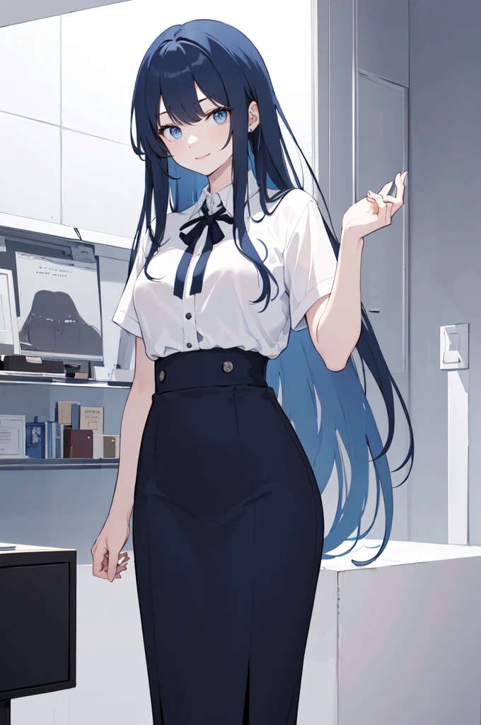 (masterpiece), (best quality), (ultra detailed),(dishevelled hair),(illustration), long hair (straight hair) very straight hair, standing, Fashion model (black school outfit, sexy(with square neckline)), looking at viewer, (interview), (casual school background),beautiful blue eyes, delicate beautiful face, ,(high saturation),(colorful splashes),(shining),navy blue hair (dark blue hair navy) (shining), bangs, best lighting, best shadow. smiling. medium breast. neat hairstyle down. shy personality