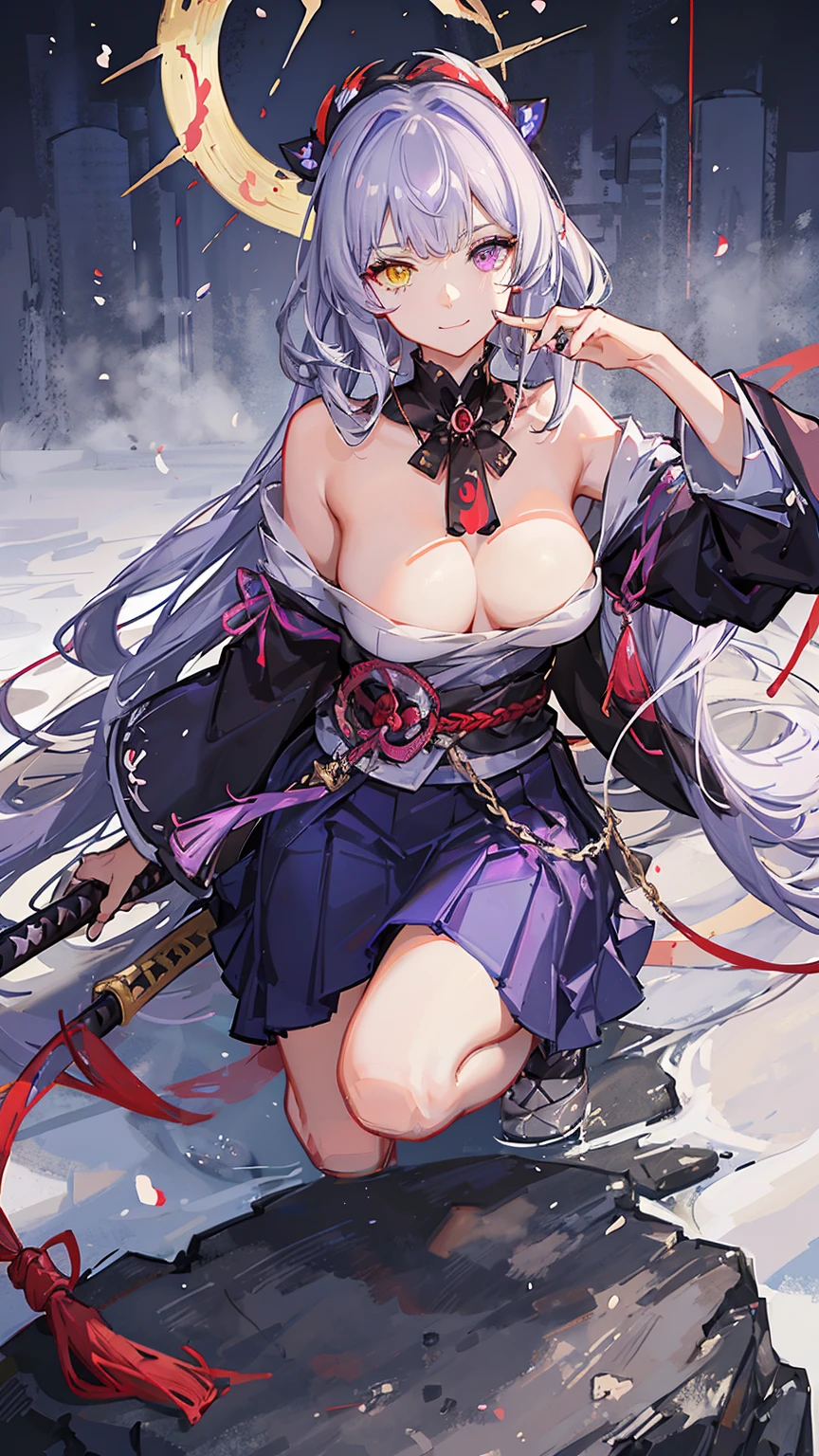 1girl,wearing katana sword,one_knee,silent smile,nail polish,beautiful illustration ,(heterochromia,purple eye,yellow eye),(big breasts),beautiful face,deep blue long hair, shrine maiden outfit,red skirt,mysterious mood,in the night,moolight,best quality, high quality, masterpiece, HD,4K,8K