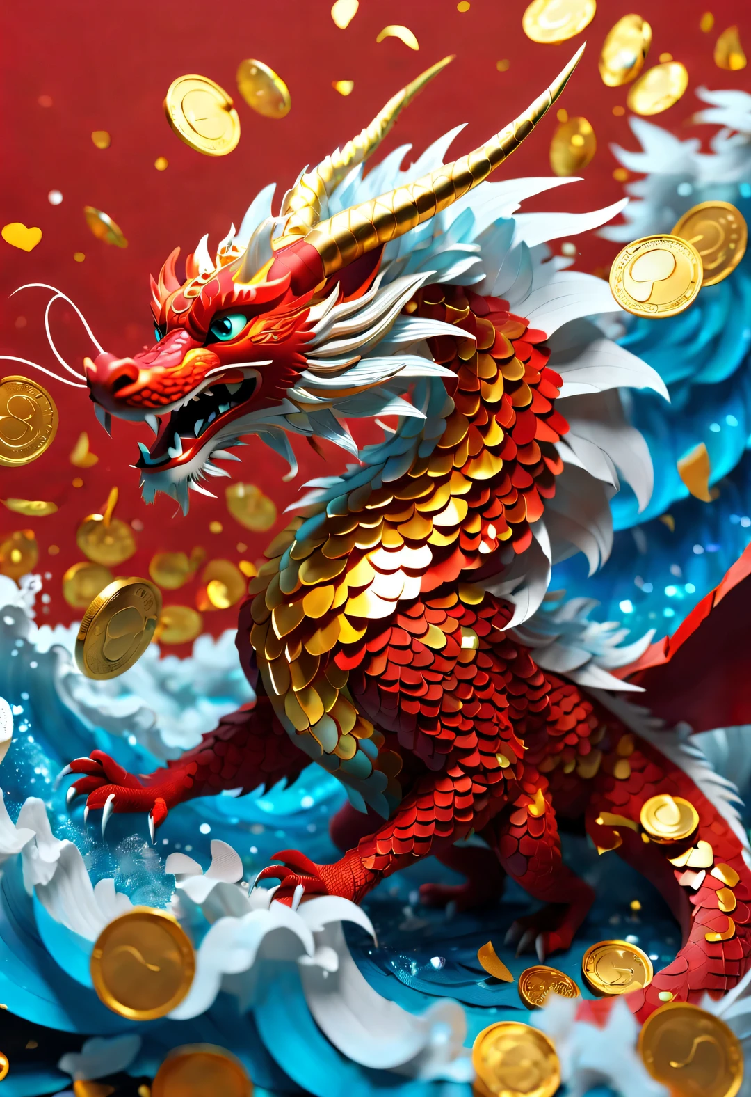 现代艺术and赛博朋克风格, Red wallpaper design, 3d rendering, realistic fur, hairy, beautiful wallpaper, Red, Yellow, blue, white, Black, Kaneko, coloRed paper scraps,
(A super slim and mischievous Red orange zodiac dragon is floating out of the waves and soaring into the sky), throwing Kaneko coins, (many, many colorful paper scraps), (whole body), Clear dragon scales resemble hearts, it looks into the viewer&#39;s beautiful eyes, long eyelashes, (throwing hands into the air and a dance motion: 1.0), (and "AI" It says: 1.37), whole body, Throwing action, laughing expressions, many Kaneko coins scatteRed in the air, background: Huge waves rolling in space, laughing expression,
仰角and自下而上的角度, Beijing, China, 🦑  design,