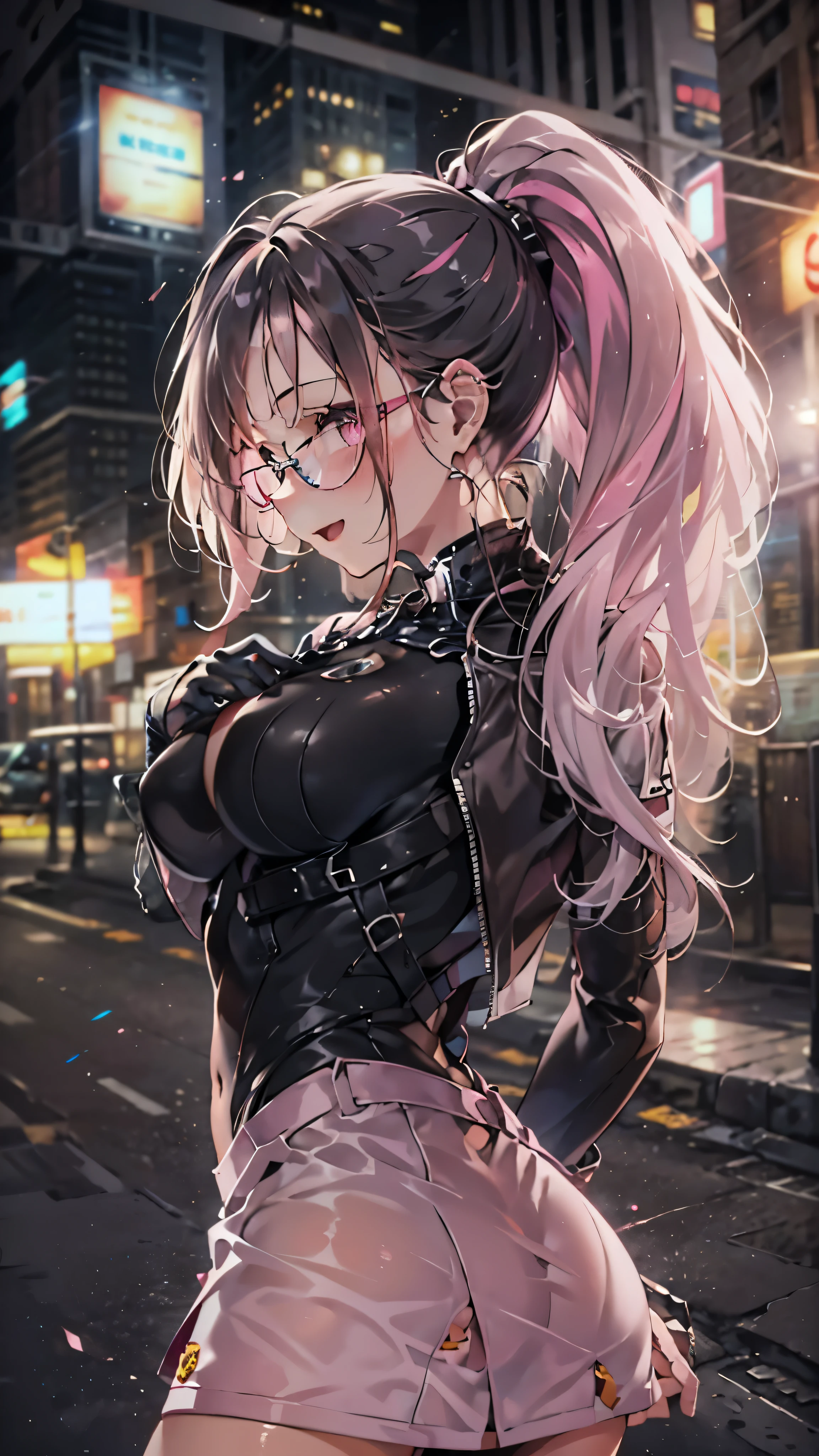 woman,,,city,night,(((white and pink tight miniskirt bodysuit))),,open mouth smile((See-through))Glasses,((Beautiful long ponytail)),((baby girl bohape))