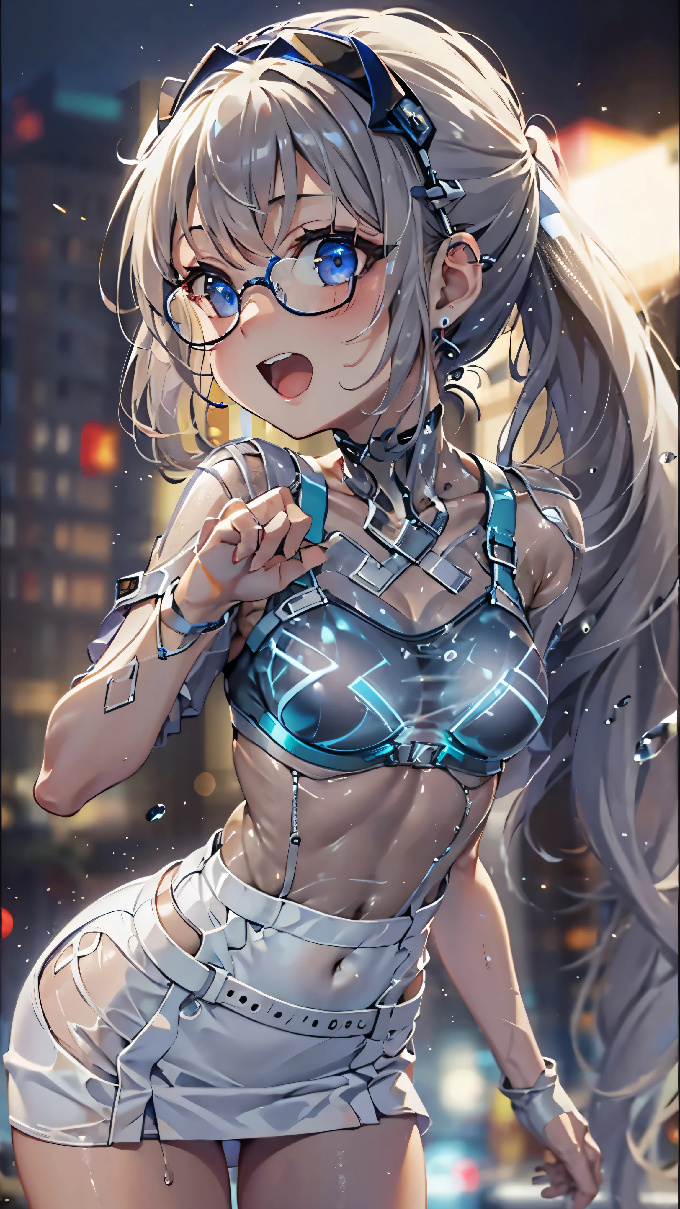 woman,,,city,night,(((white and blue tight miniskirt bodysuit))),,open mouth smile((See-through))Glasses,((Beautiful long ponytail)),((baby girl bohape))((blonde))