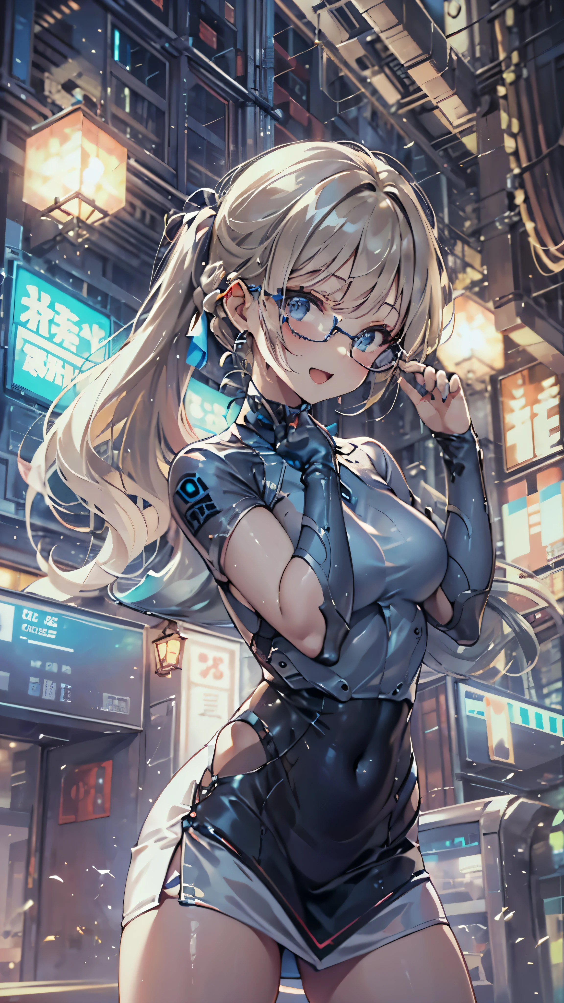 woman,14 years old,,city,night,(((white and blue tight miniskirt bodysuit))),,open mouth smile((See-through))Glasses,((Beautiful long ponytail)),((baby girl body shape))((blonde))