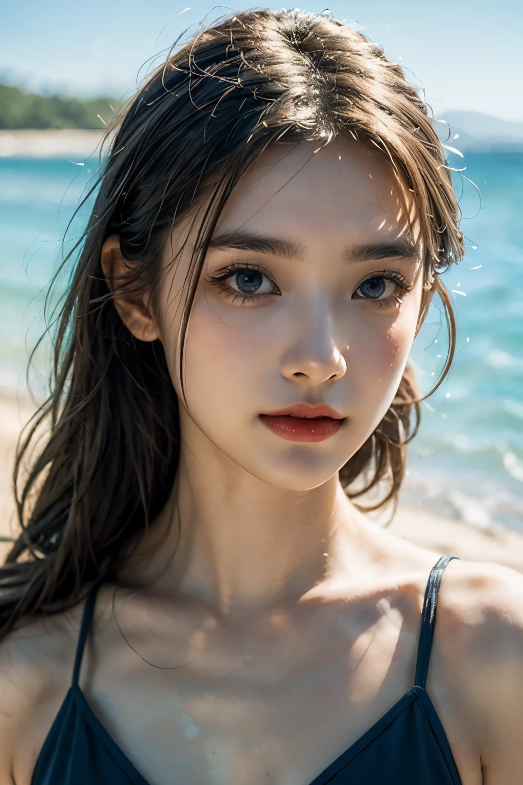 ((highest quality、8k、masterpiece: 1.3))、Very exquisite beauty、very detailed、1 girl、Sandy beach with sea view、、Delicate face and lips、Wind、Beautiful swimsuit model portrait、