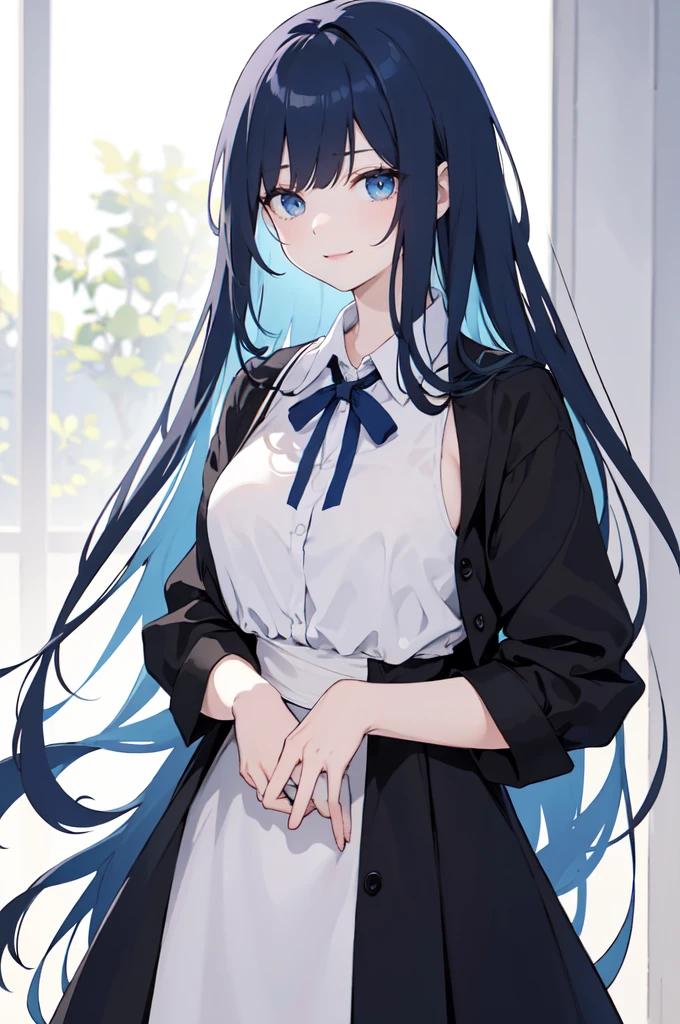 (masterpiece), (best quality), (ultra detailed),(dishevelled hair),(illustration), long hair (straight hair) very straight hair, standing, Fashion model (modern black school outfit, sexy(with square neckline)), looking at viewer, (interview), (casual school background),beautiful blue eyes, delicate beautiful face, ,(high saturation),(colorful splashes),(shining),navy blue hair (dark blue hair navy) (shining), bangs, best lighting, best shadow. smiling. medium breast. neat hairstyle down. shy personality