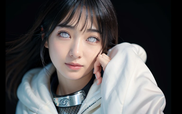 (highest quality,super detailed,realistic:1.37),Naruto's Hinata,beautiful and fine eyes,Soft facial features,porcelain skin,long silky black hair,tightly tied forehead protector,gentle smile,calm expression,casual clothes,white and lavender color palette,Subtle shading and highlight effects,Dynamic and vivid background,studio lighting,artistic rendering style,Bright colors,