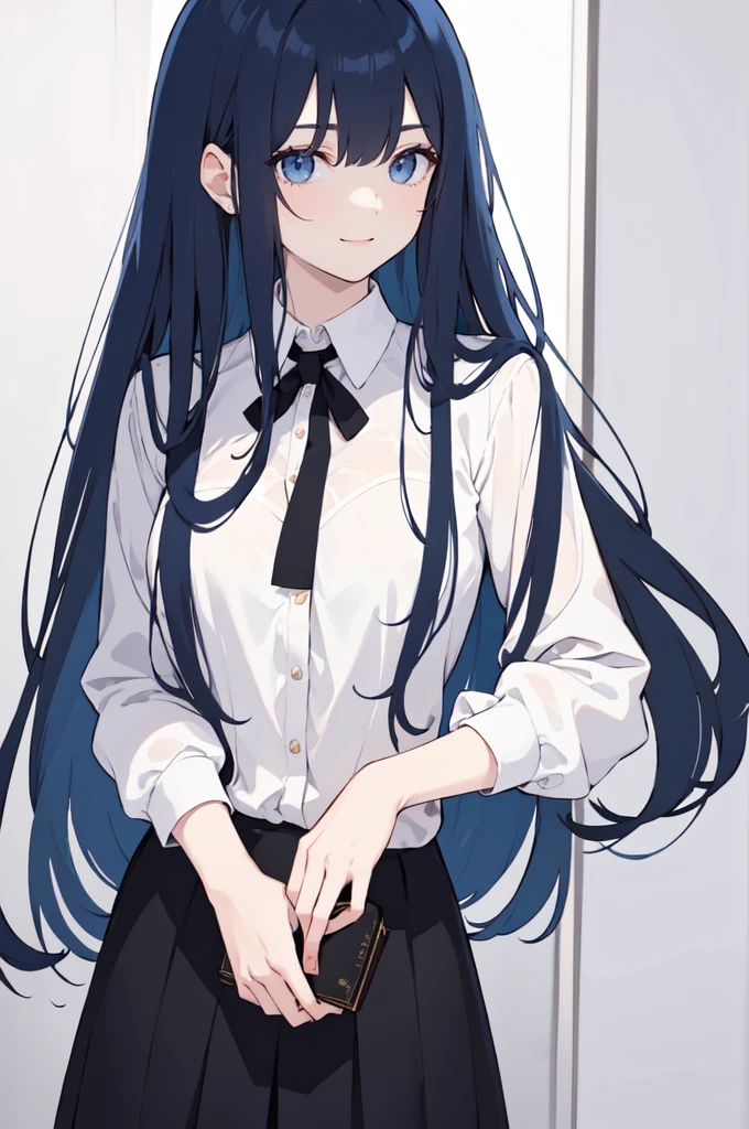 (masterpiece), (best quality), (ultra detailed),(dishevelled hair),(illustration), long hair (straight hair) very straight hair, standing, Fashion model ((modern black school outfit), sexy(with square neckline)), looking at viewer, (interview), (casual school background),beautiful blue eyes, delicate beautiful face, ,(high saturation),(colorful splashes),(shining),navy blue hair (dark blue hair navy) (shining), bangs, best lighting, best shadow. smiling. medium breast. neat hairstyle down. shy personality