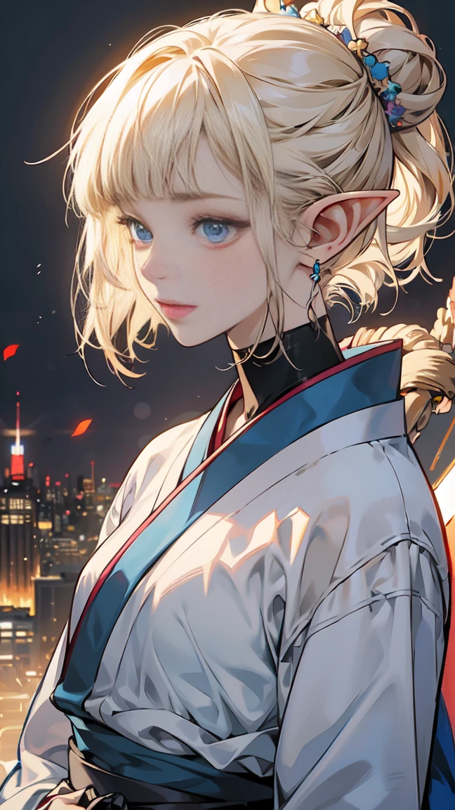 (1 elf girl), (beauty elf girl), (super high quality), masterpiece, casual scene, relaxed atmosphere, She is wearing a warm-colored long-sleeved kimono with a gorgeous floral pattern., The sun&#39;s rays give off warm colors, Street atmosphere, urban envrionment. perfect body, (G cup:1.2), light smile, Fresh, (asymmetrical bangs:1.3), bun hair, short hair, highly detailed face and eyes, beautiful eyes,closed mouth, perfect lips, (white blonde hair, deep blue eyes:1.2),cyber punk, (whole body) digital art, beautiful, cinematic lighting, by Yusuke Murata.
