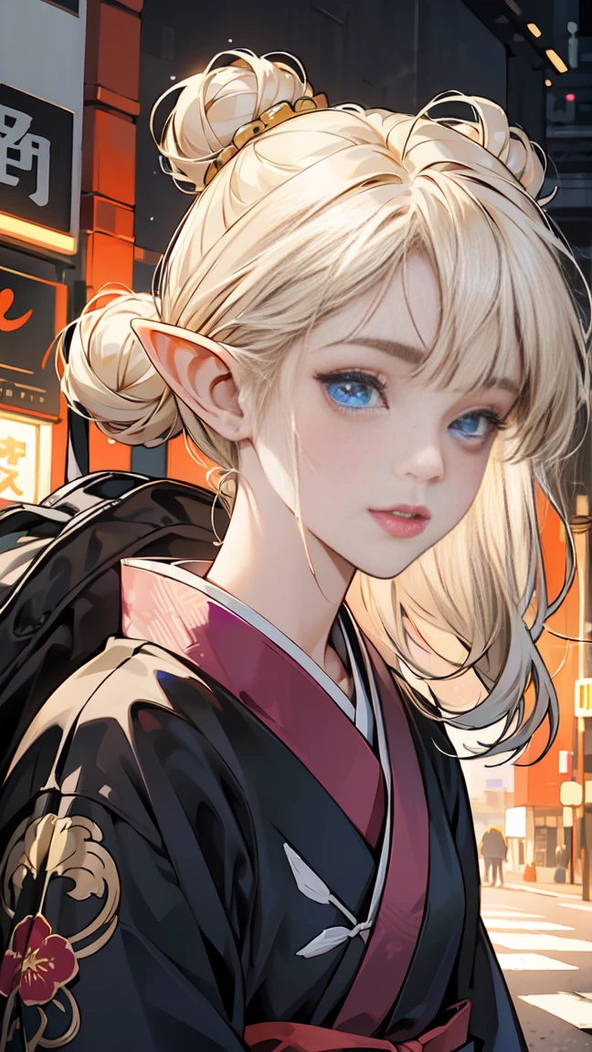 (1 elf girl), (beauty elf girl), (super high quality), masterpiece, casual scene, relaxed atmosphere, She is wearing a warm-colored long-sleeved kimono with a gorgeous floral pattern., The sun's rays give off warm colors, Street atmosphere, urban envrionment. perfect body, (G cup:1.2), light smile, Fresh, (asymmetrical bangs:1.3), bun hair, short hair, highly detailed face and eyes, beautiful eyes,closed mouth, perfect lips, (white blonde hair, deep blue eyes:1.2),cyber punk, (whole body) digital art, beautiful, cinematic lighting, by Yusuke Murata.
