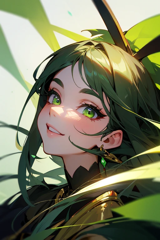(highest quality, masterpiece:1.2), High resolution, Super detailed, realistic:1.37, fantasy, An illustration, green eyes、Yellow and green dresses、Platinum decoration、beautifully、Eyeshadow Red、dark eyebrows、long eyelashes、Pupils are black、Hair is light green、smile showing teeth