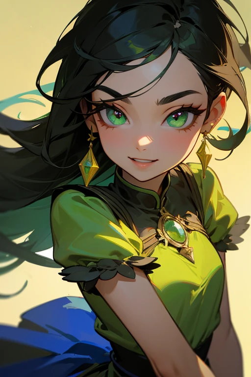 (highest quality, masterpiece:1.2), High resolution, Super detailed, realistic:1.37, fantasy, An illustration, green eyes、Yellow and green dresses、Platinum decoration、beautifully、Eyeshadow Red、dark eyebrows、long eyelashes、Pupils are black、Hair is light green、smile showing teeth