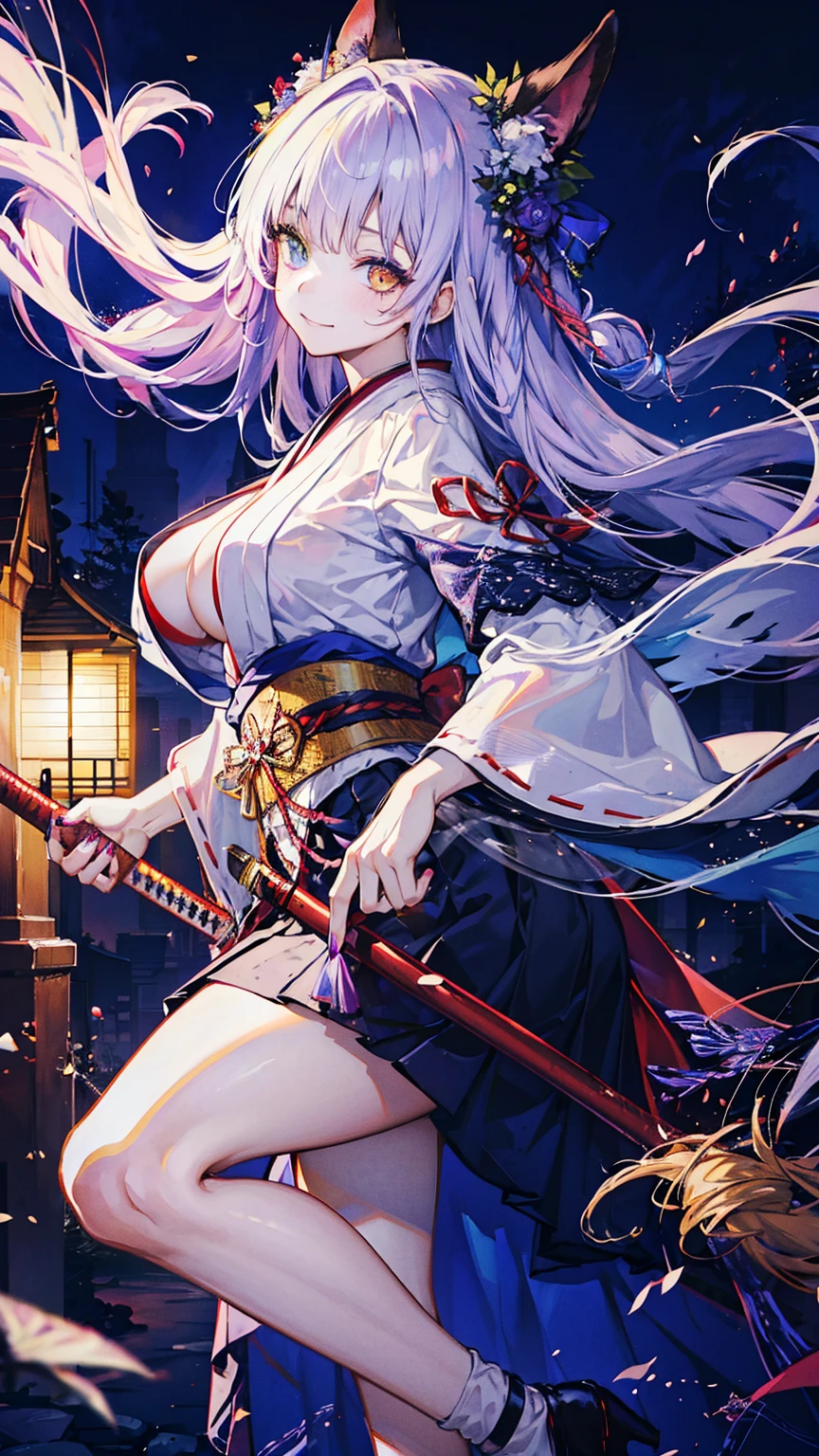 1girl,wearing katana sword,one_knee,silent smile,nail polish,beautiful illustration ,(heterochromia,purple eye,yellow eye),(big breasts),beautiful face,deep blue long hair, shrine maiden outfit,red skirt,mysterious mood,in the night,moolight,best quality, high quality, masterpiece, HD,4K,8K