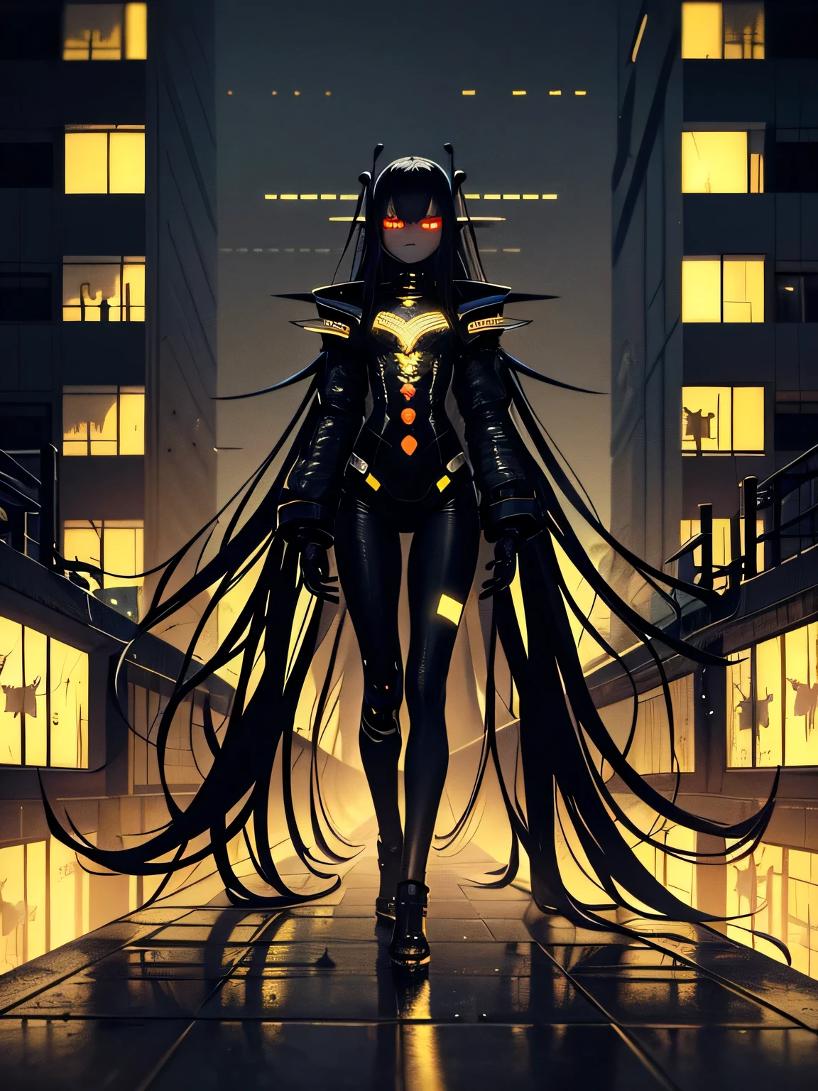 ((dark cyberpunk art)), full length portrait, insect girl, elegant insect girl, yellow eyes, Insect antennae, very long hair, Black hair, Black skin, dark Black skin, black alien skin, Rooftop Scene, cold light, very detailed art, very detailed background, insanely detailed backstory