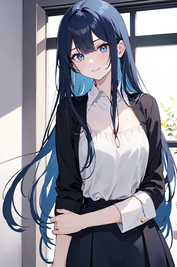 (masterpiece), (best quality), (ultra detailed),(dishevelled hair),(illustration), long hair (straight hair) very straight hair, standing, Fashion model ((modern black school outfit), sexy(with square neckline)), looking at viewer, (interview), (casual school background),beautiful blue eyes, delicate beautiful face, ,(high saturation),(colorful splashes),(shining),navy blue hair (dark blue hair navy) (shining), bangs, best lighting, best shadow. smiling. medium breast. neat hairstyle down. shy personality