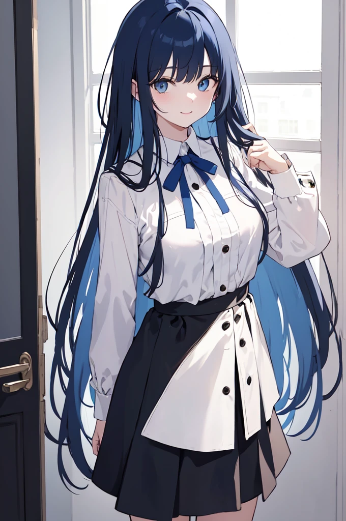 (masterpiece), (best quality), (ultra detailed),(dishevelled hair),(illustration), long hair (straight hair) very straight hair, standing, Fashion model ((modern black school outfit), sexy(with square neckline)), looking at viewer, (interview), (casual school background),beautiful blue eyes, delicate beautiful face, ,(high saturation),(colorful splashes),(shining),navy blue hair (dark blue hair navy) (shining), bangs, best lighting, best shadow. smiling. medium breast. neat hairstyle down. shy personality