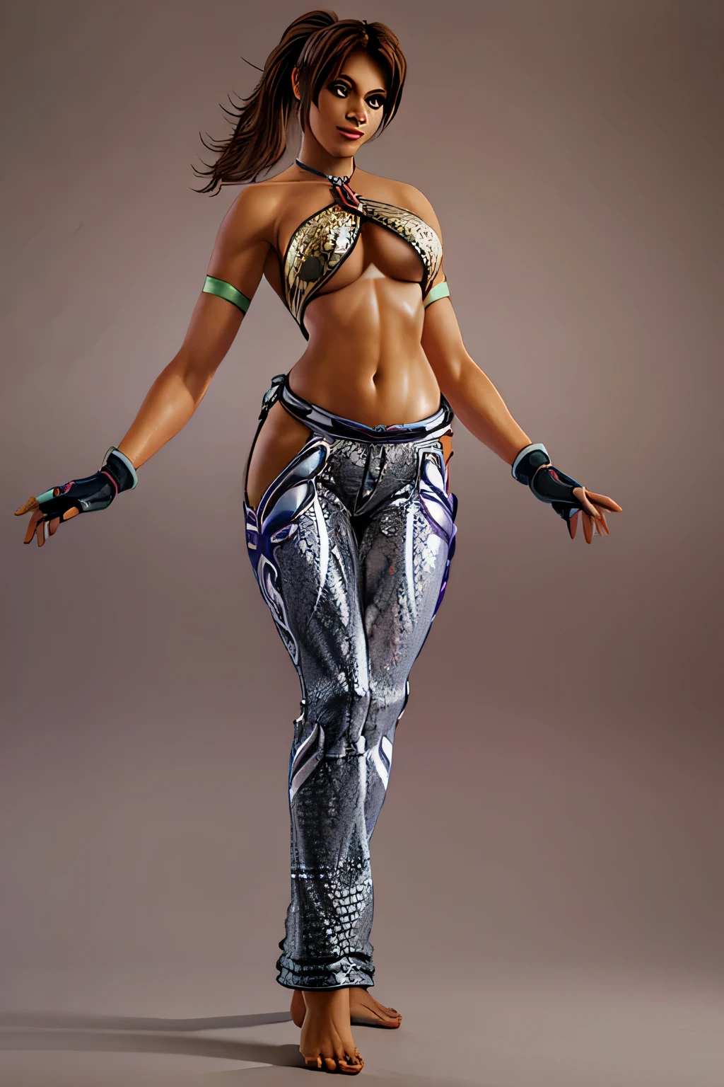 MONTEIRO2, 1girl, solo, long hair, breasts, brown hair, gloves, navel, brown eyes, medium breasts, ponytail, barefoot, midriff, pants, fingerless gloves, underboob, hip vent, upper body, facing viewer, looking at viewer, smile