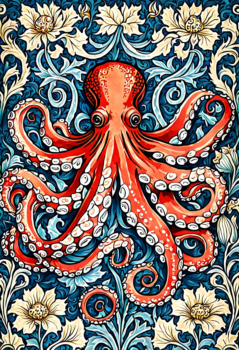 Octopus in the style of William Morris, aquatic, 8k digital art