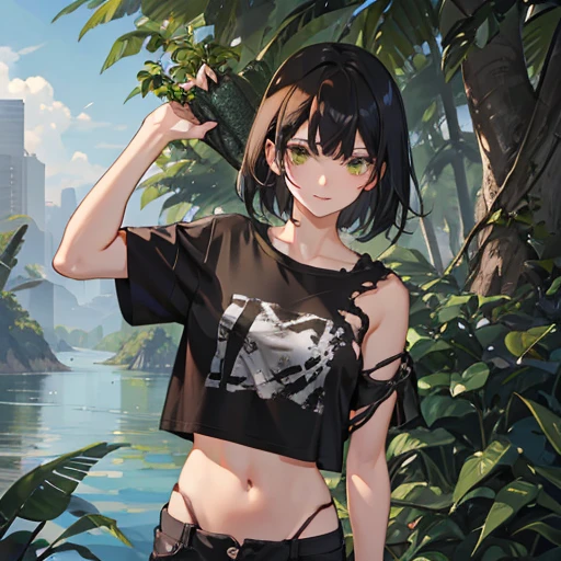 Girl 18 years old. short black hair. bandages on the hands. Black T-shirt. Short ripped dark green ripped shorts. Swamp Eyes. full height