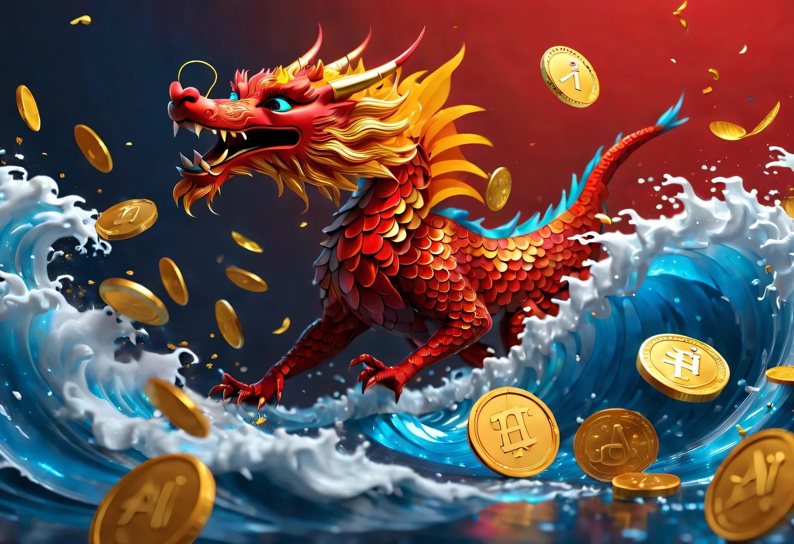 Modern art and cyberpunk style, Red wallpaper design, 3d rendering, realistic fur, hairy, beautiful wallpaper, Red, Yellow, blue, white, Black, Kaneko, (a super slim and mischievous Red orange zodiac dragon floating on the wave throwing Kaneko coins into the air), It has a real faucet and a machine body, it looks into the viewer&#39;s beautiful eyes, long eyelashes, (Dance move of throwing coins in the air: 1.0), (It says "AI": 1.37), whole body, Throwing action, laughing expression, many Kaneko coins scatteRed in the air, background: huge wave rolling, wave, Colored confetti,
Elevation and bottom-up angles, Beijing, China, 🦑  design,