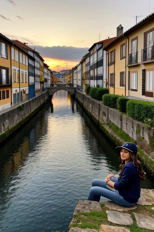 medium shot, medium shot, profundidade de campo, busto, tronco, cinematic angle, obra de arte, melhor qualidade, super detalhado, CG, Papel de parede 8k, cara bonita, Olhos delicados, Uma donzela, Sozinho, cabelo longo branco, olhos amarelos, grampo, camisa branca, jaqueta preta com capuz, black baseball cap, meias pretas, Botas pretas sobre o joelho, sunset, porto medieval, Porto, detailed water surface, Reflexo do sol,indian