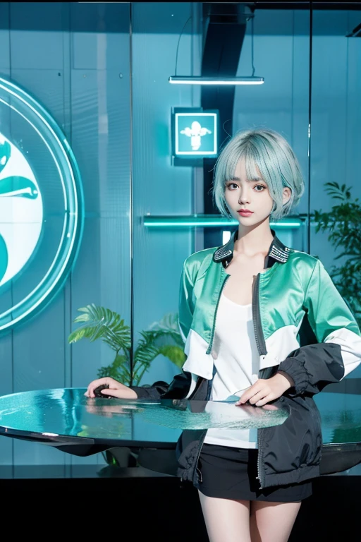 short hair、laughter、short hair,green hair,Emerald hair,beautiful bangs、40 years、Shining white skin、know、Flow of hair that extends to the face、bangs between eyeliner hair、High resolutionの目の美しさ, Bright and clear, Big light blue eyes shine charmingly、green one piece、white jacket、eyeliner、(Ultra Real), (figure), (High resolution), (In 8K), (very detailed), (Best figure), (Beautiful quality with attention to detail), (super detailed), (table top), (wallpaper), (detailed face), drooling eyes,upper body up, alone, big breasts
