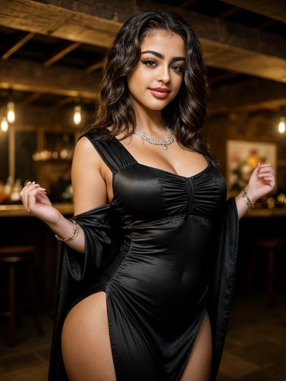 Create an ultra-realistic image of a modern, attractive female influencer of Indian descent, aged between 27 to 30. She should have a warm and inviting smile, expressive almond-shaped eyes with a slight shimmer, and clear, glowing skin with a medium brown complexion. Her features should be well-defined, with high cheekbones and a sharp jawline. Her hair should be long, thick, and styled in retro waves with a deep, reddish-purple hue that’s bold yet sophisticated. She should have a slender yet athletic build, reflecting a healthy and active lifestyle, but with significantly increased bust and butt size. She is wearing a unique goldenrod beaded fringe dress with intricate details and a halter neckline, highlighting her toned figure and focusing on her gigantic, plump breasts. Her outfit is completed with stylish black heeled sandals that add elegance to her look. She accessorizes with subtle yet chic jewelry, such as small hoop earrings and a few thin bangles. The background should be a glamorous art deco-inspired ballroom with geometric patterns, suggesting a luxurious and sophisticated lifestyle. Her overall appearance should exude confidence, approachability, and sophistication, capturing the essence of a contemporary Indian fashion influencer with an emphasis on her enhanced bust and butt size.