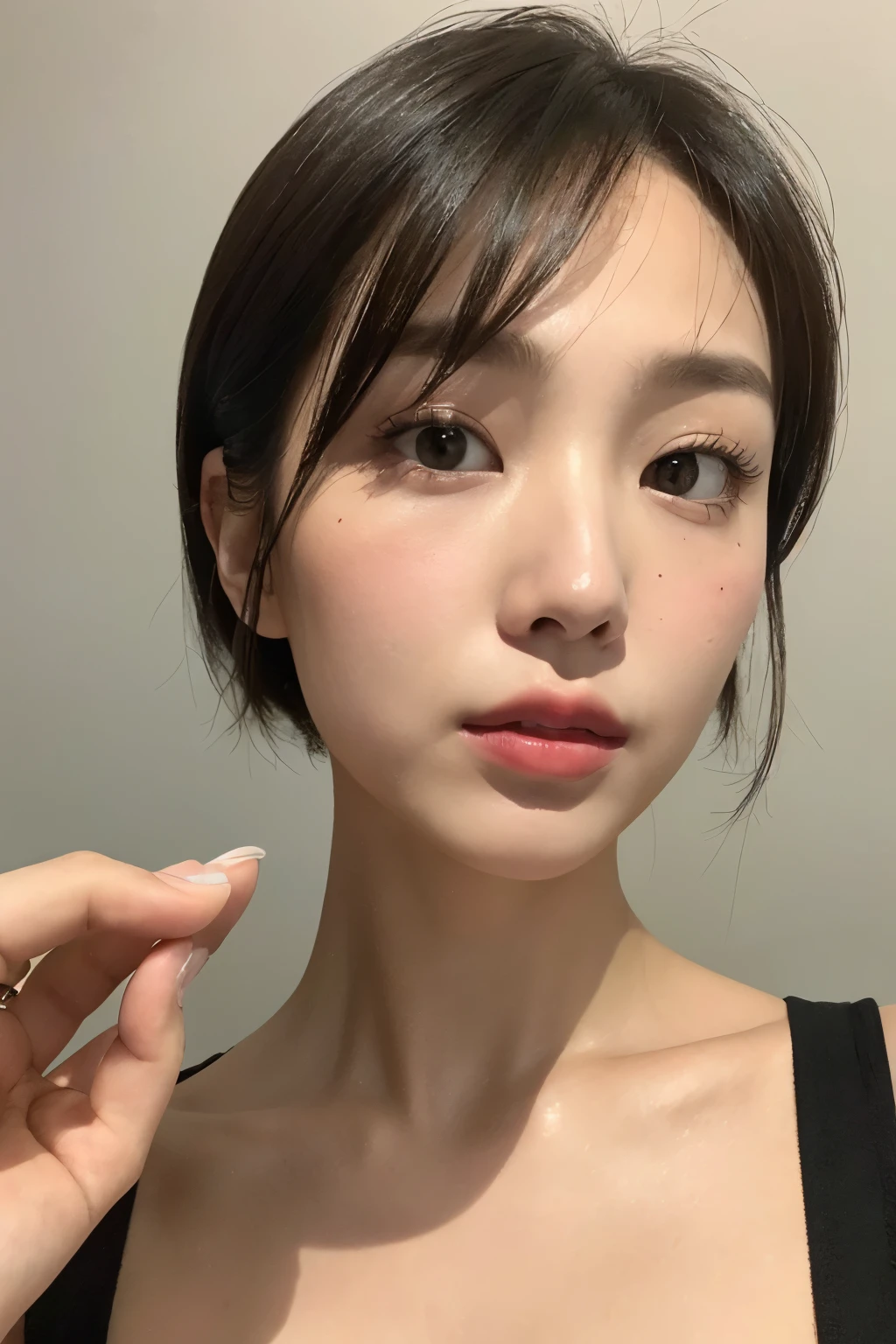 (High-definition mobile phone selfie: 1.4), (Chinese short-haired beauty: 1.2), (Casually taken, hand holding phone: 1.1), Close-up shot, (Expressive look, direct gaze: 1.3), (Natural makeup, subtle lip color: 1.3), (Trendy hairstyle, short bob: 1.2), (Quality filter applied: 1.2), (Clear complexion, radiant skin: 1.3), (Simple background, selfie ring light: 1.1)