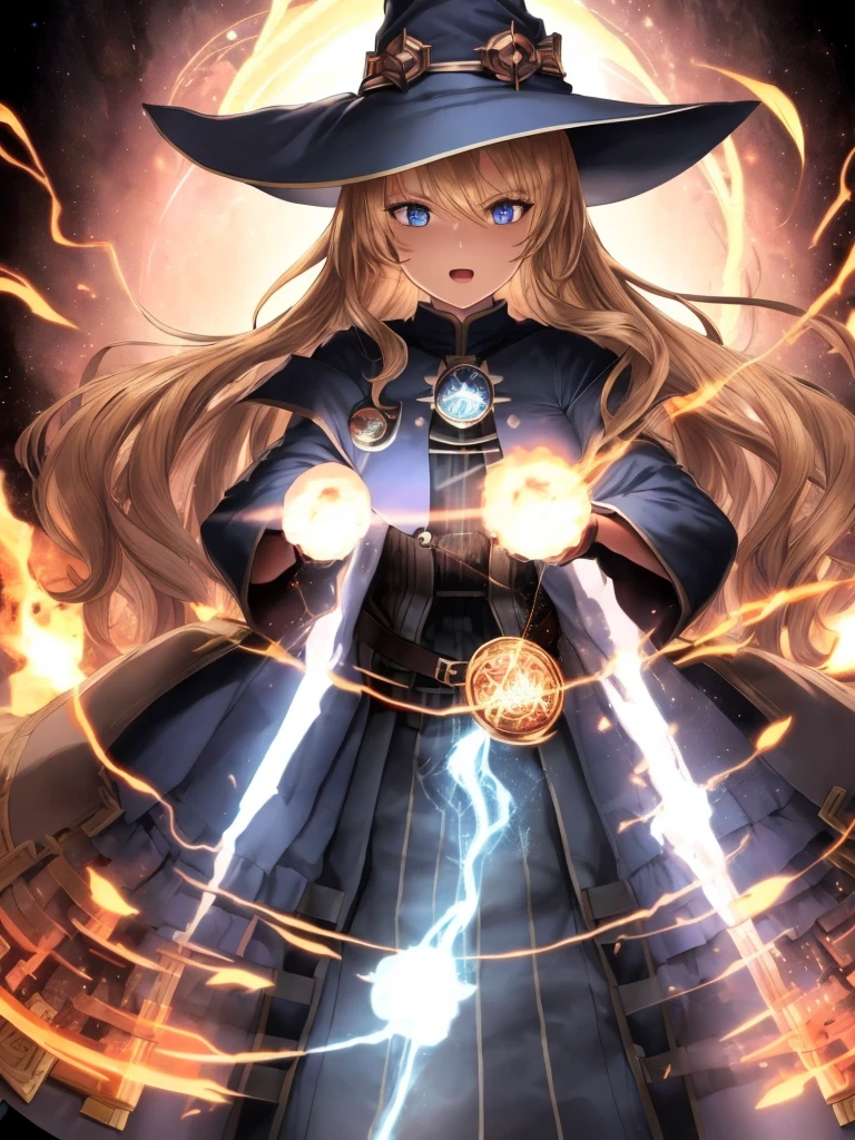 MAGE is burning all darkside contents, But she doesn't realize the flames are igniting her own clothes, over size tall and big woman, 1female, cute, blonde straight hair, blue eyes, wizard robe, witch hat, rune, (masterpiece:1.28), (best quality:1.24), (high-definition:1.24), (intricated background:1.3), 8K, extremely detailed face, extremely intricated hair, extremely detailed eyes, dimensional traveler, (darkside caslte:1.2), indoor, magical blue flame, battle, last boss battle, dynamic angle, dutch angle, burning clothes, Exploding human beings, Fighting the Dark Side, Impatient face