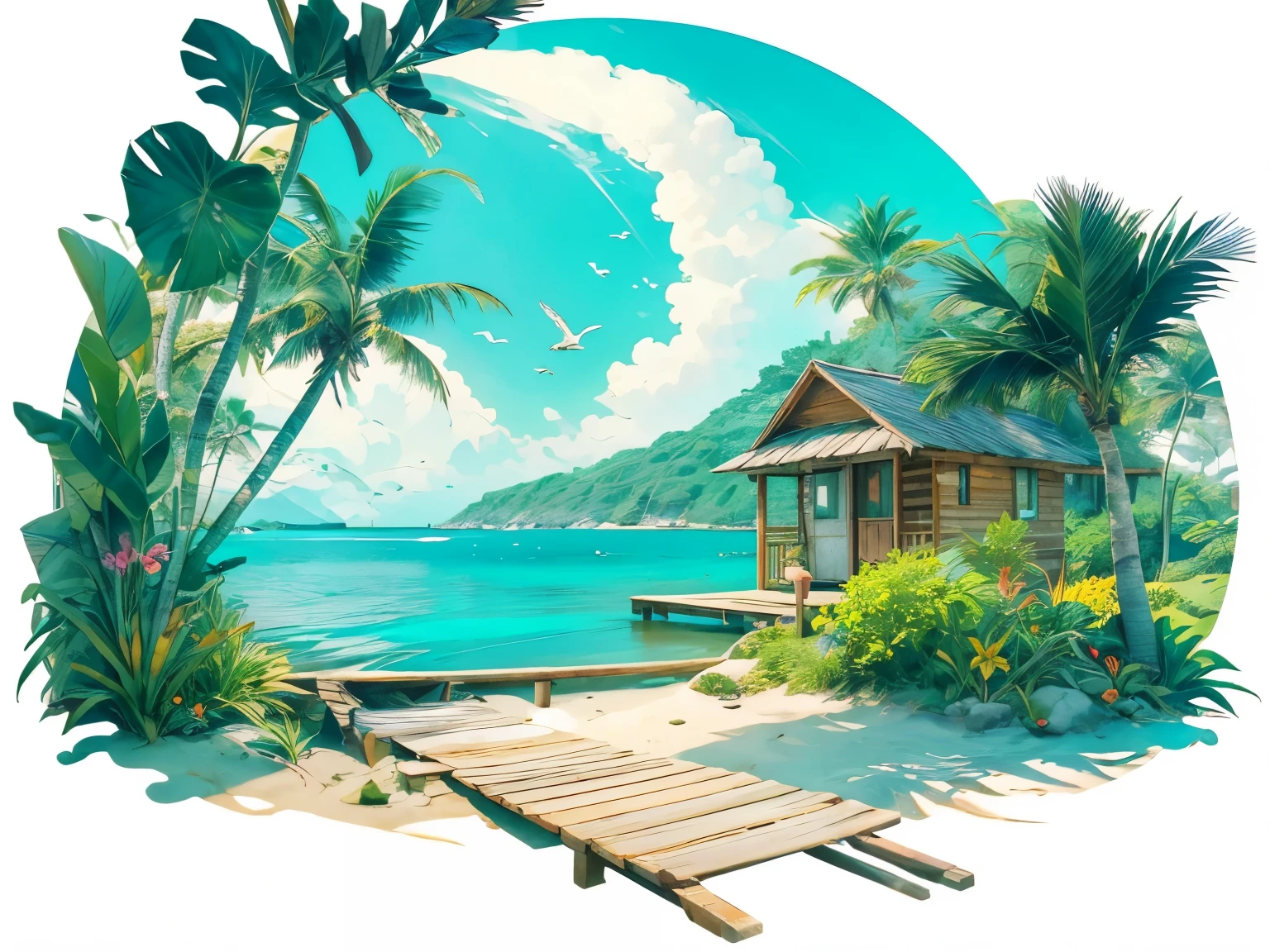 (best quality:1.2), ultra-detailed, realistic:1.37, masterpiece:1.2, Whitethorn, deserted island, small islands, small house, serenity, tranquil, peaceful atmosphere, gentle waves, vibrant greens and blues, sunlight filters through the leaves, crystal clear water, secluded beach, rocky cliffs, lush vegetation, birds chirping, footsteps on the sandy path, sound of crashing waves, birds flying in the sky, colorful flowers blooming, a cozy wooden cabin, hammock swaying in the breeze, wooden dock, boats moored in the distance, a path leading into the forest, palm trees swaying, seashells scattered on the shore.