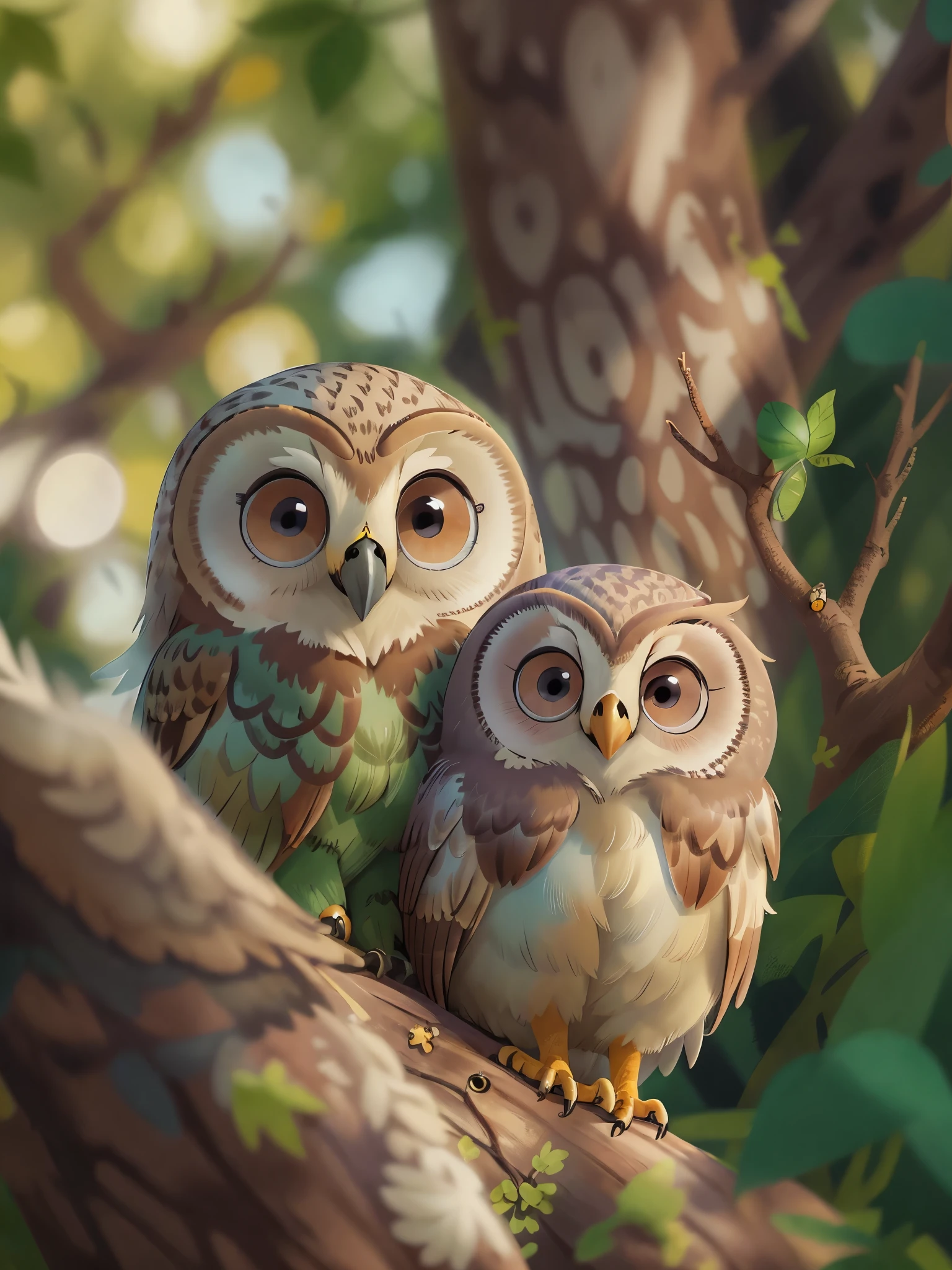 Mother owl and cute baby owl，on trees，very cute, big eyes, sunny，Very happy， (masterpiece: 1.2) (actual: 1.2) (Bokeh) (best quality) (intricate details) (8k) (exquisite eyes) (sharp focus), (happy)