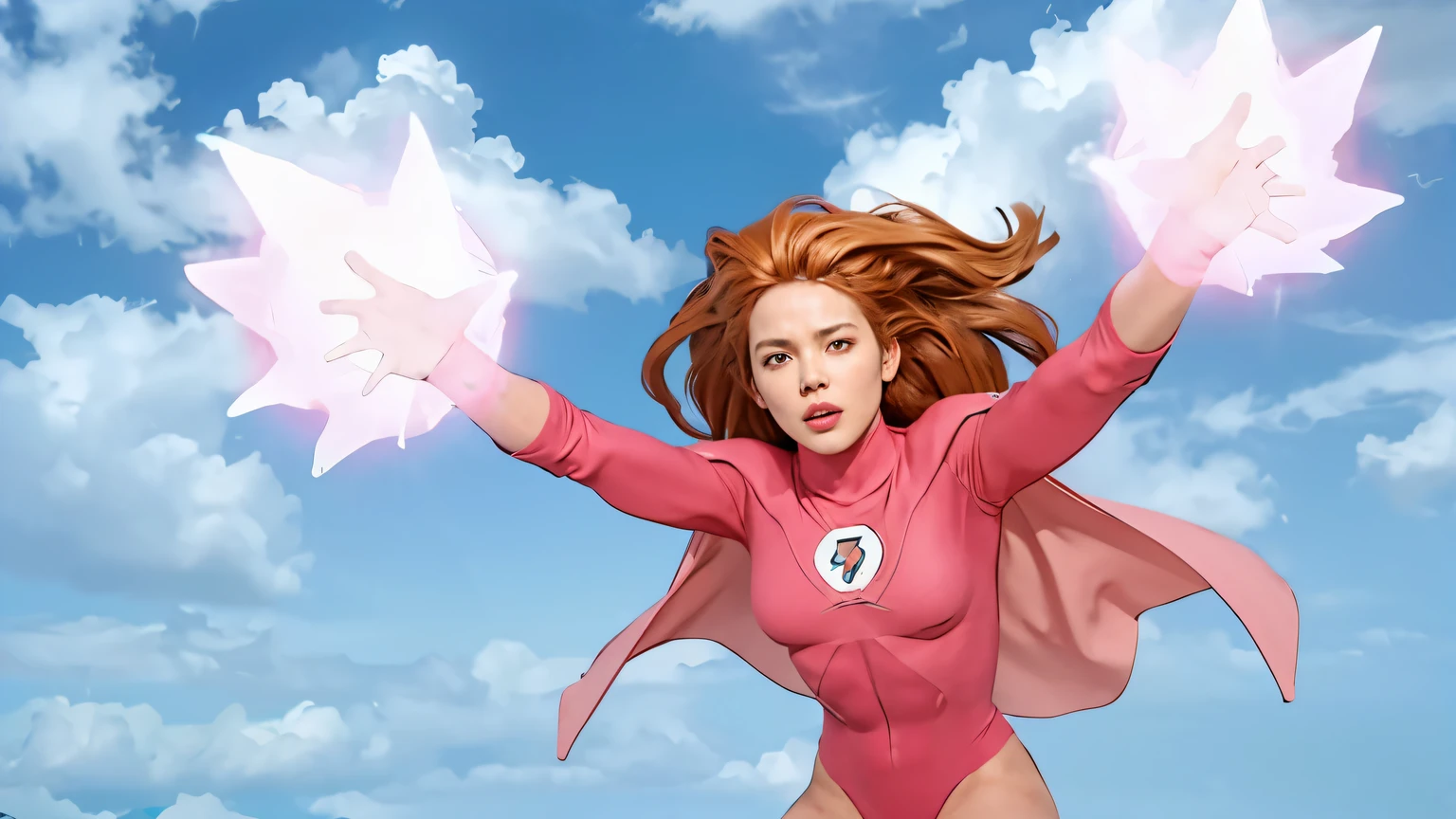 (obra de arte), (extremamente complexo:1.3), (realista), Atom Eve from invinvible series, superhero, showing his powers, pink light power, fotografia profissional de uma mulher deslumbrante detalhada, sharp focus, dramatic, premiado, cinematic lighting, Octane rendering, motor irreal, volumetric dtx, (Film grain)