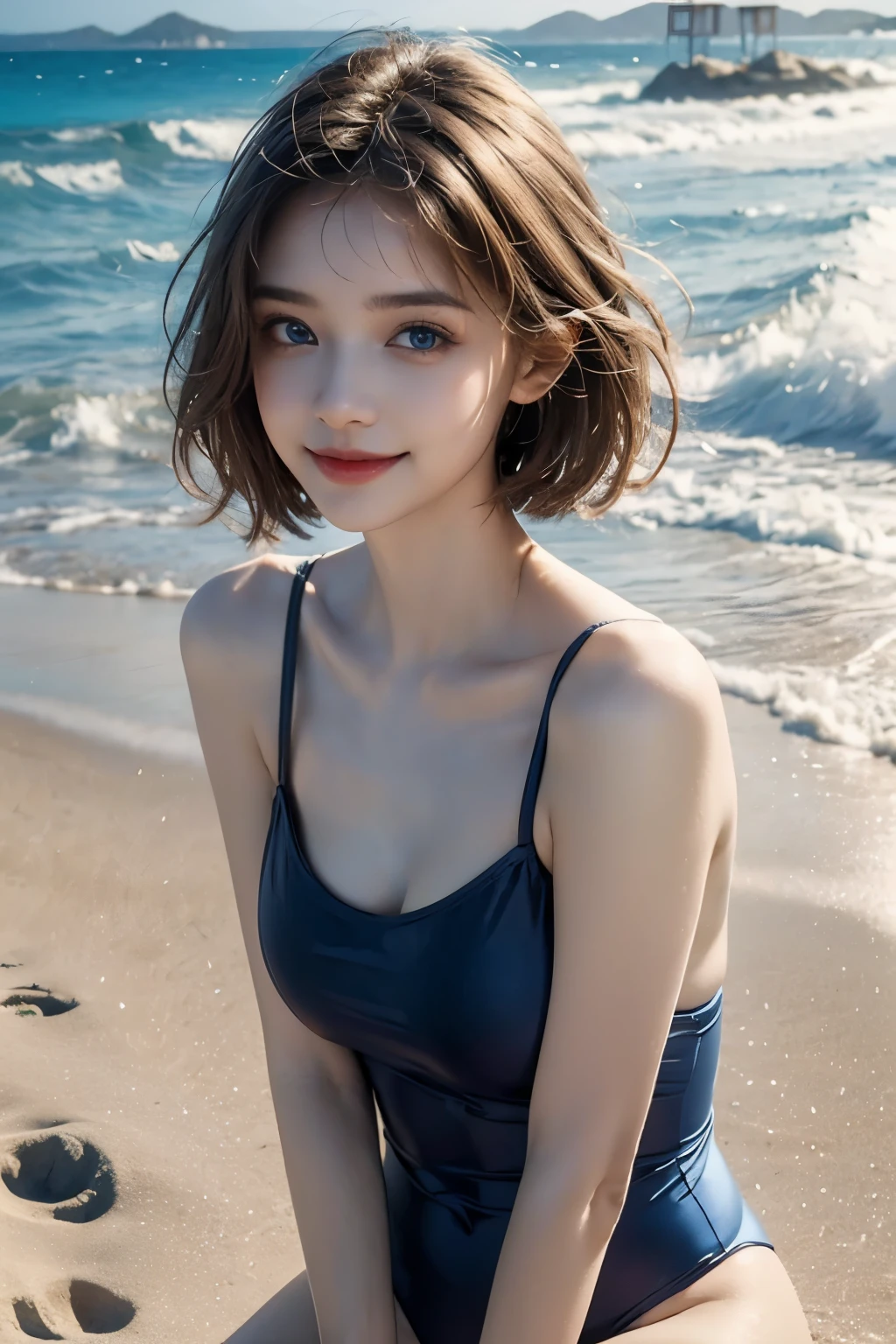 ((highest quality、8k、masterpiece: 1.3))、Very exquisite beauty、very cute、very detailed、1 girl、blue round eyes、Slightly sagging eyes、chestnut hair、hair cut short、smile、Cute swimsuit、Sandy beach with sea view、、Delicate face and lips、Wind、Beautiful swimsuit model portrait、