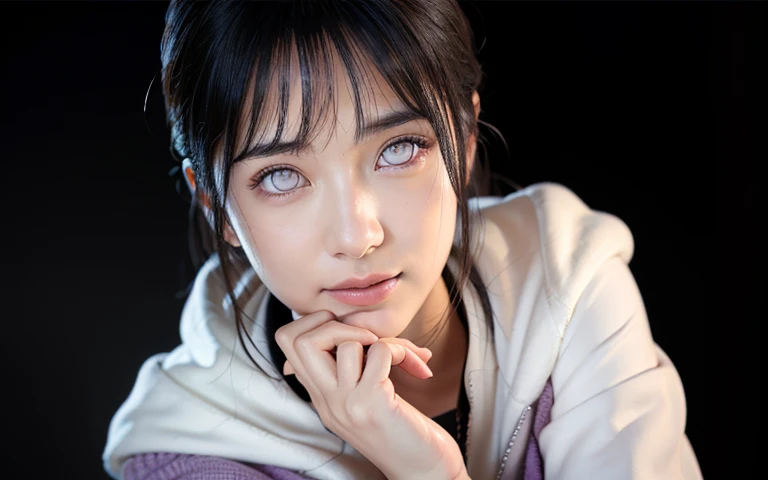 (highest quality,super detailed,realistic:1.37),Naruto's Hinata,beautiful and fine eyes,Soft facial features,porcelain skin,long silky black hair,tightly tied forehead protector,gentle smile,calm expression,casual clothes,white and lavender color palette,Subtle shading and highlight effects,Dynamic and vivid background,studio lighting,artistic rendering style,Bright colors,Castle town in the background,