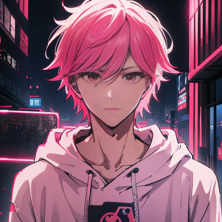 (shortcut), (two block hair), (bright pink hair), (red eyes), (Headphones、Man standing in front of a microphone in a recording studio), (oversized hoodie), (Street style), (neon), (neonデイライト), (cinematic), (stylish), (High resolution), (hyper-detailed), (Nightcore), (looking at the camera), (visualize), (top quality), (masterpiece), (Super detailed), (a handsome guy)