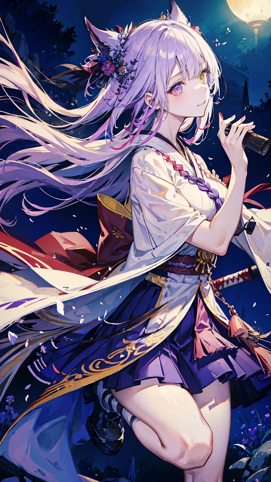 1girl,wearing katana sword,one_knee,silent smile,nail polish,beautiful illustration ,(heterochromia,purple eye,yellow eye),(big breasts),beautiful face,deep blue long hair, shrine maiden outfit,red skirt,mysterious mood,in the night,moolight,best quality, high quality, masterpiece, HD,4K,8K 
