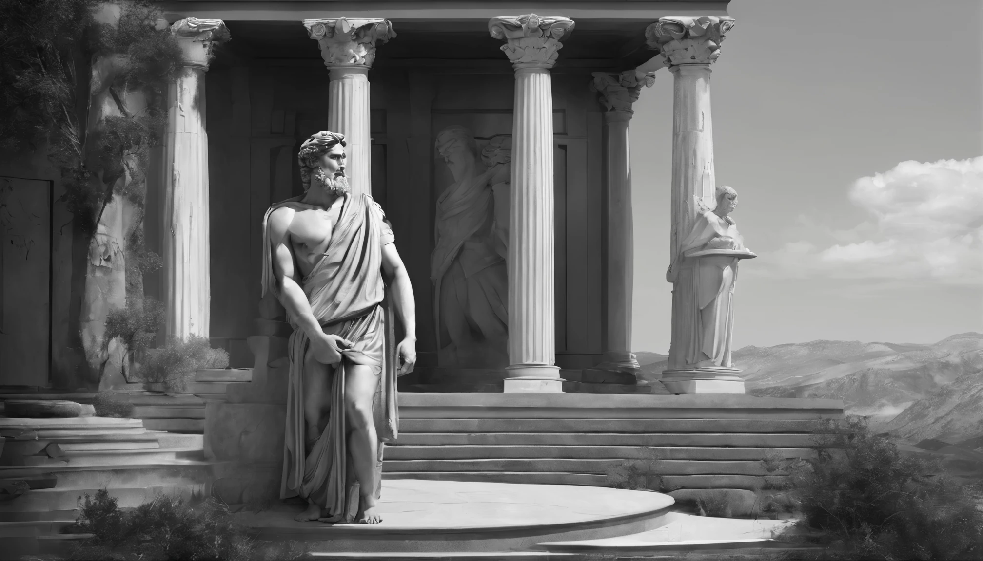 A dark landscape image of an ancient greek society deeply connected to stoicism, black and white, ancient greek architecture, include one single big statue of a stereotypical strong greek man, marcus aurelius --ar 16:9 --style G4JuqKlERum6vZGYhO9USsL