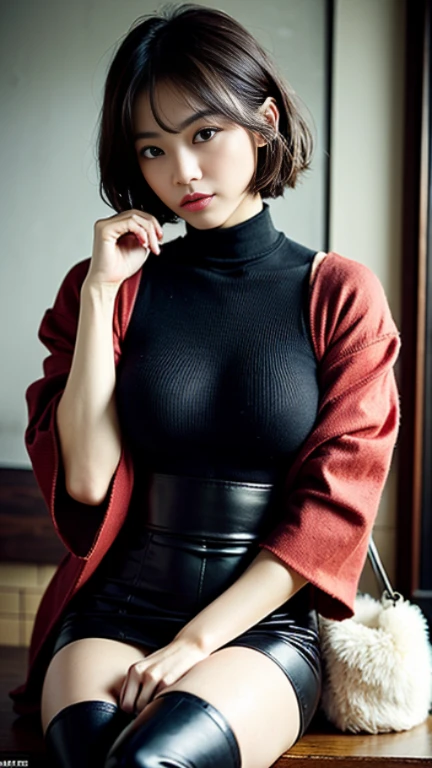 ((top-quality、masterpiece、photographrealistic:1.4、in 8K))、beautiful japanese female1a person、25years old、Beautiful short hair、delicate and beautiful face、Eyes and faces with detailed 、Beautiful lighting、Shy laughter、Textured skin、Super Detail、high detailing、High quality、hight resolution、(Fluffy red kimono:1.3)、bangss、Colossal tits:1.2)、Engaging pose、Slim waist、natural soft light、cleavage of the breast、"A black turtleneck top, leather mini skirt, patterned tights, black over-the-knee boots, and a designer bag."