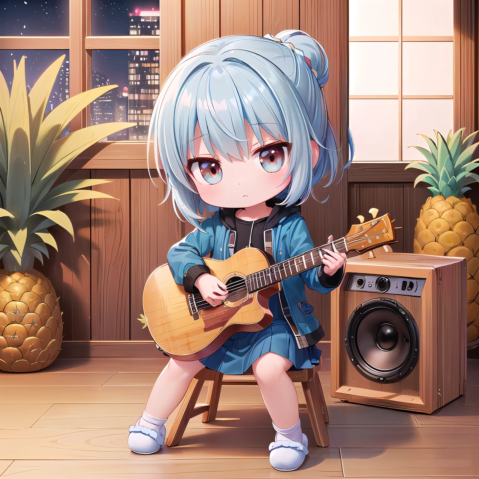 ((Chibi, miniature, REAL, pineapple, 3DCG, Nendoroid, 1 girl: 1.3)) ,(Masterpiece, almond-shaped eyes, glossy white-blue hair, short chignon hair, top quality, carefully drawn fingertips, beautiful anatomy : 1.4), (half body: 1.3), (Red cheeks, indifference, no expression, hair blowing in the wind: 1.2), (Slim and warm clothes, warm denim coat,warm long skirt,Fluffy slipper,Fluffy one piece,Celebrity Life style: 1.2), (pineapple building, night ,sit,wood chair,stone wall,Window,stone floor:1.3),(playing musical instruments,chibi guitarist,speaker, guitar:1.5)