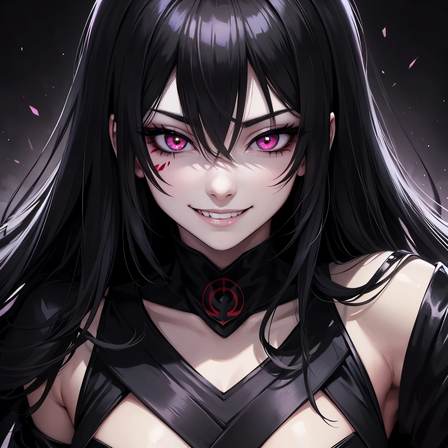 best quality, manga style, beautiful woman face, evil woman, evil smile, grinning face, fear, horror-like smile, eyes and mouth painted in matte black, light up, background black, dark