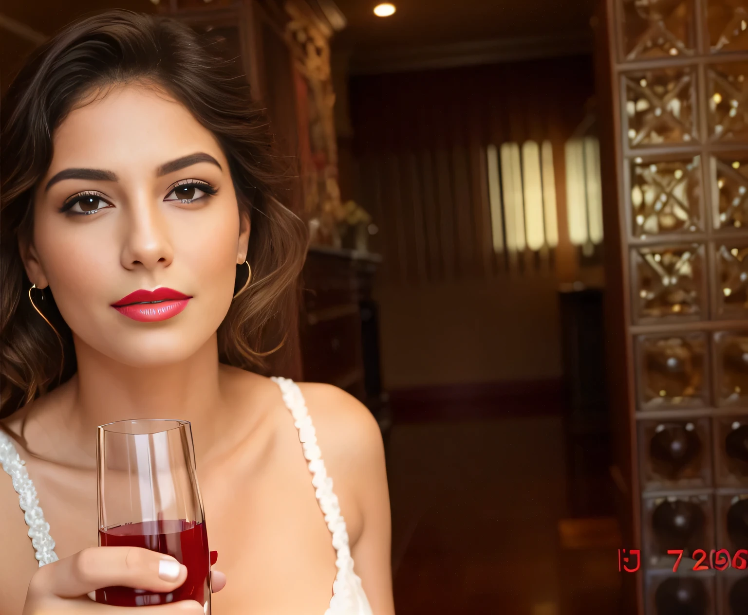 there is a woman holding a wine glass in her hand, Uma mulher com pele branca bronzeada e cabelos escuros. ela tem cerca de 35 anos. she is sitting. Your slightly plump lips are like a delicate flower, o marrom escuro dela, olhos grandes e encantadores parecem conter um mundo de maravilhas. Corpo fino. cintura fina. Your body exudes glamor and your face is the definition of beauty. teste, Altamente realista, pele avermelhada, Lindo, soft lips, batom cor de rosa, sorridente, feeling of lightness and joy, hiperrealismo, pele muito elaborada, olhar direto. foto de corpo inteiro, Limpar foto, alta qualidade, high resolution, obra de arte, 8k, tirada em boate