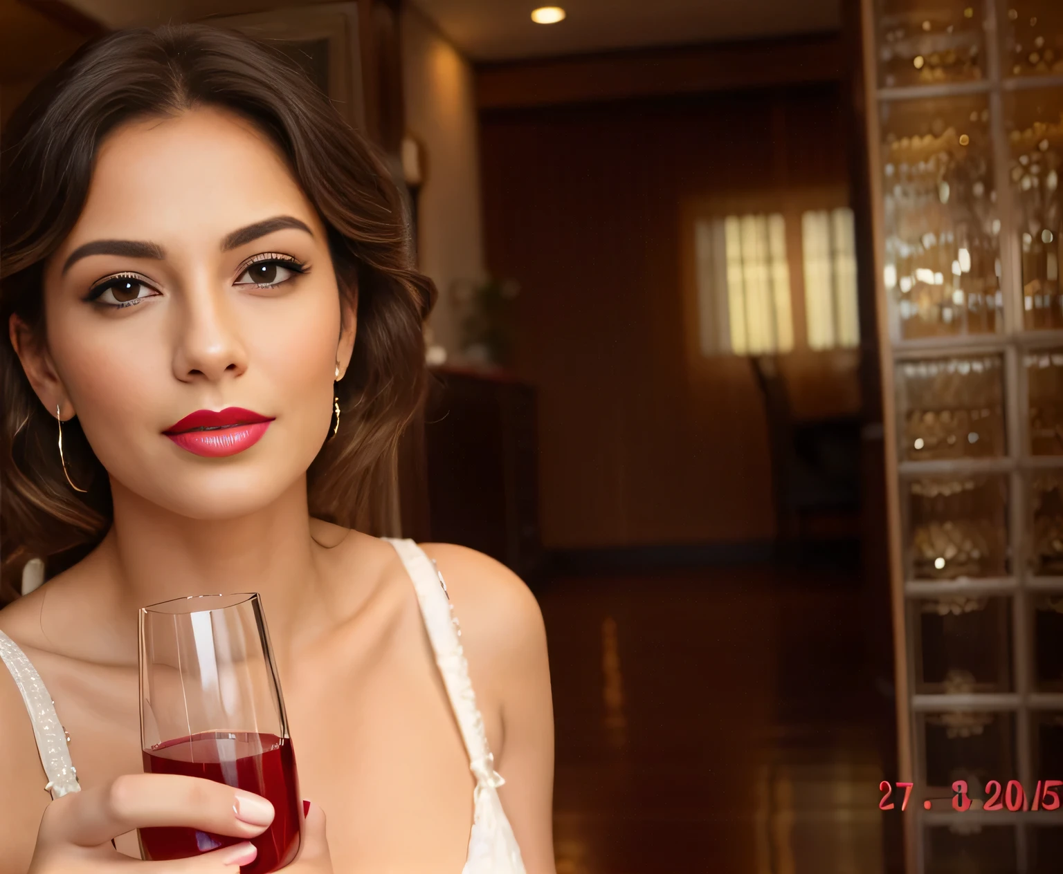 there is a woman holding a wine glass in her hand, Uma mulher com pele branca bronzeada e cabelos escuros. ela tem cerca de 35 anos. she is sitting. Your slightly plump lips are like a delicate flower, o marrom escuro dela, olhos grandes e encantadores parecem conter um mundo de maravilhas. Corpo fino. cintura fina. Your body exudes glamor and your face is the definition of beauty. ?????, Altamente realista, pele avermelhada, Lindo, soft lips, batom cor de rosa, sorridente, feeling of lightness and joy, hiperrealismo, pele muito elaborada, olhar direto. foto de corpo inteiro, Limpar foto, alta qualidade, high resolution, obra de arte, 8k, tirada em boate