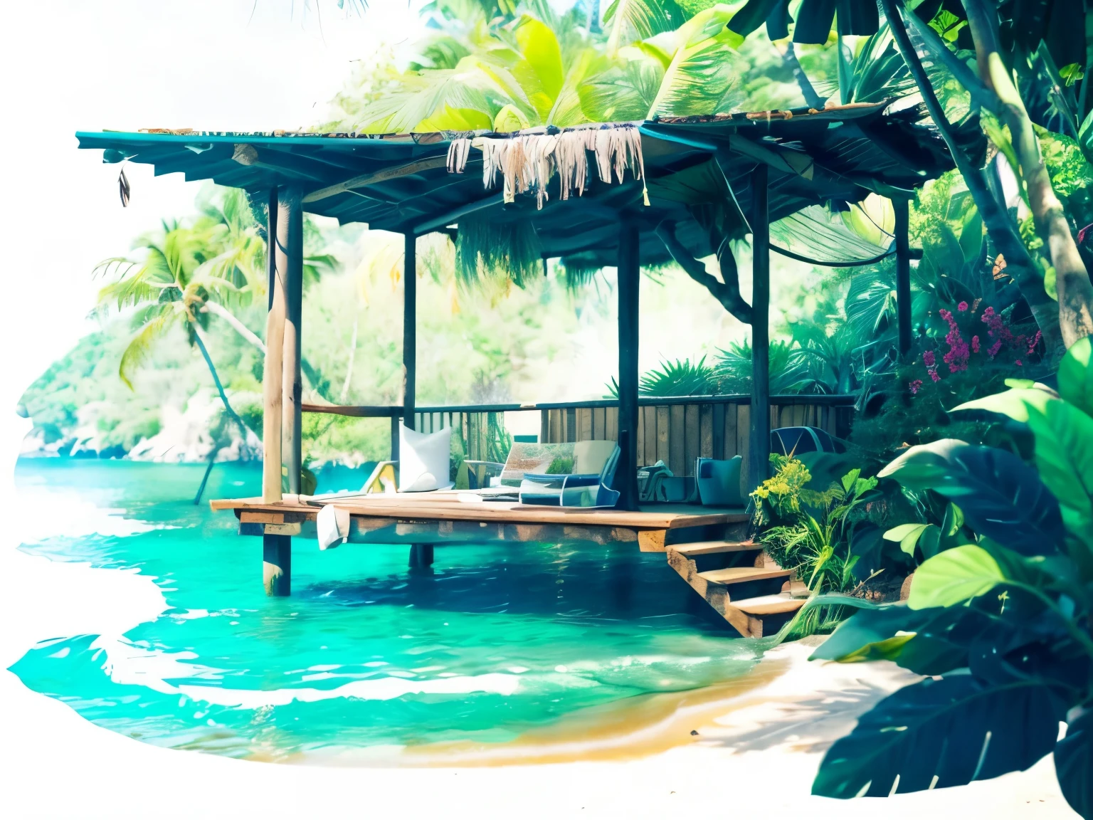 (best quality:1.2), ultra-detailed, realistic:1.37, masterpiece:1.2, Whitethorn, deserted island, small islands, small house, serenity, tranquil, peaceful atmosphere, gentle waves, vibrant greens and blues, sunlight filters through the leaves, crystal clear water, secluded beach, rocky cliffs, lush vegetation, birds chirping, footsteps on the sandy path, sound of crashing waves, birds flying in the sky, colorful flowers blooming, a cozy wooden cabin, hammock swaying in the breeze, wooden dock, boats moored in the distance, a path leading into the forest, palm trees swaying, seashells scattered on the shore.