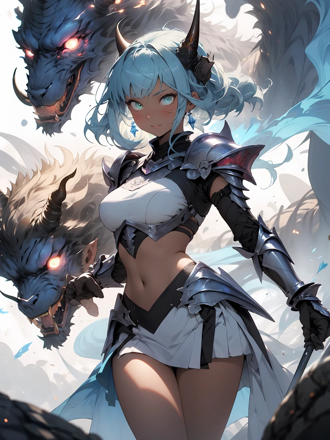 be realistic,(masterpiece,highest quality,highest quality,very detailed,fractal art,most detailed,(abstract background:1.5)(1 girl),Kamimei,(hair length),(green eyes shine、Breasts get bigger,stunned),crystallization,sexy、machine armor、tanned skin、Blake、Devil's horn、berserk , (burning blue flame:1.4),(mini skirt)